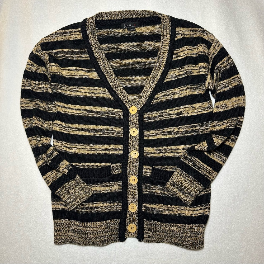 Vintage Inspired Statement Sweater Brown Stripe Button Down V Neck Retro Size M - Picture 2 of 8